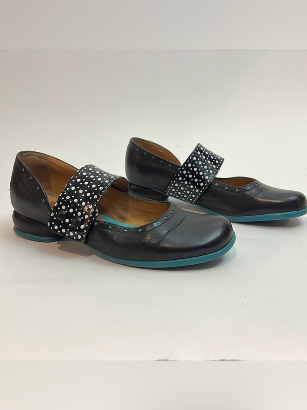 John Fluevog Black Cleo Mary Jane Flats with Teal Accents